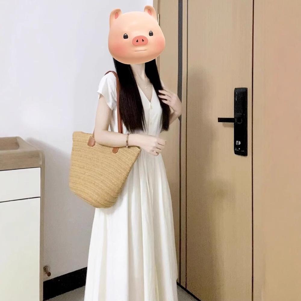 2025 Francouzské bílé letní šaty s výstřihem do V k moři pro drobné postavy - Dlouhý design se stahováním v pase