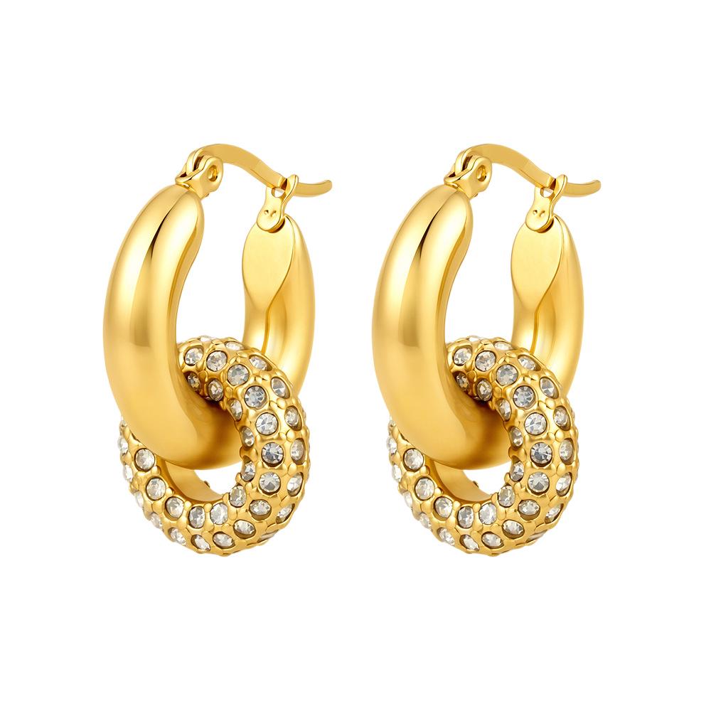 18K Gold Inlaid Zircon Double Ring Earrings - Fashionable Geometric Luxury Hoops for Women