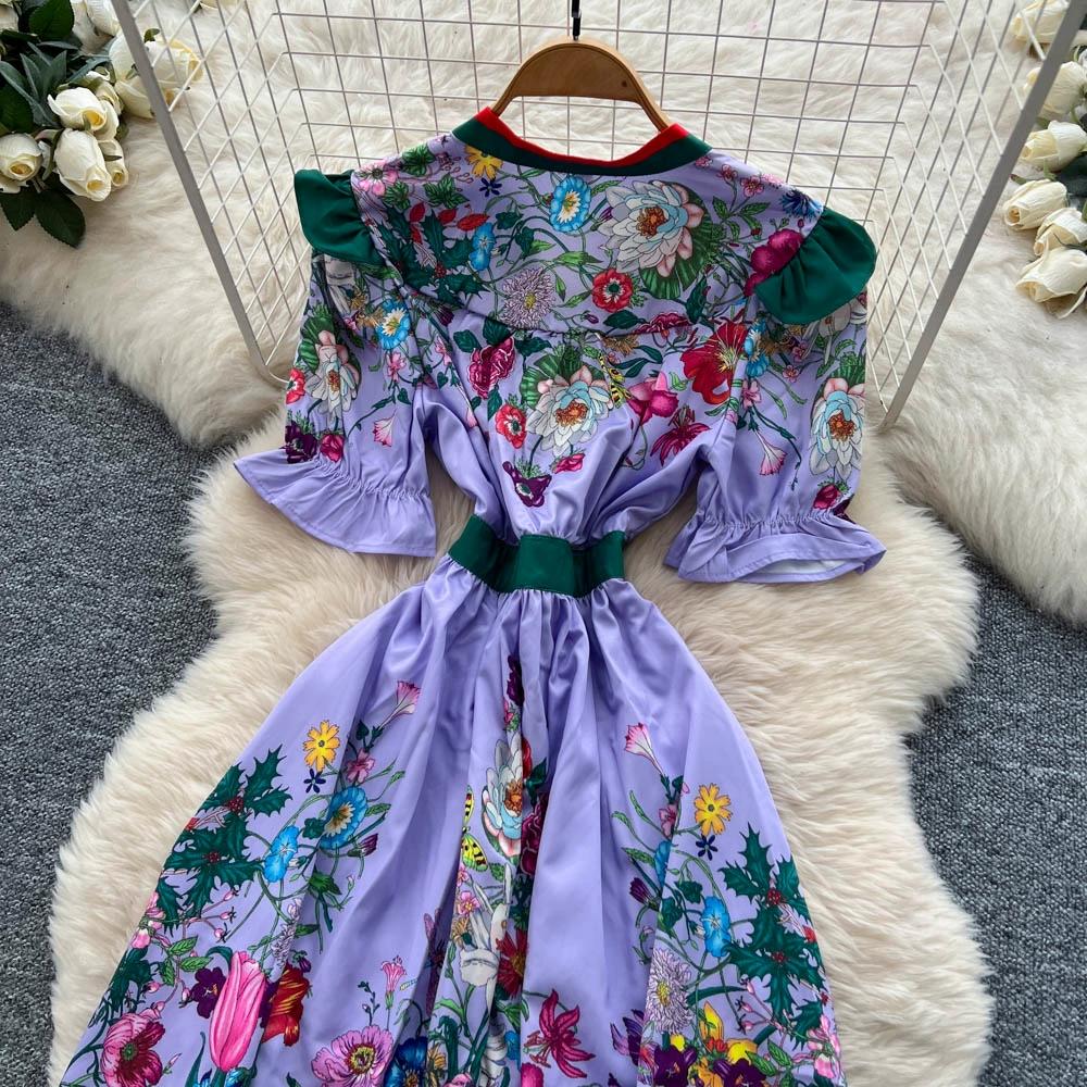 Summer Women Vintage Print Runway Dresses V-neck Single Breasted Mini Short Party Dress