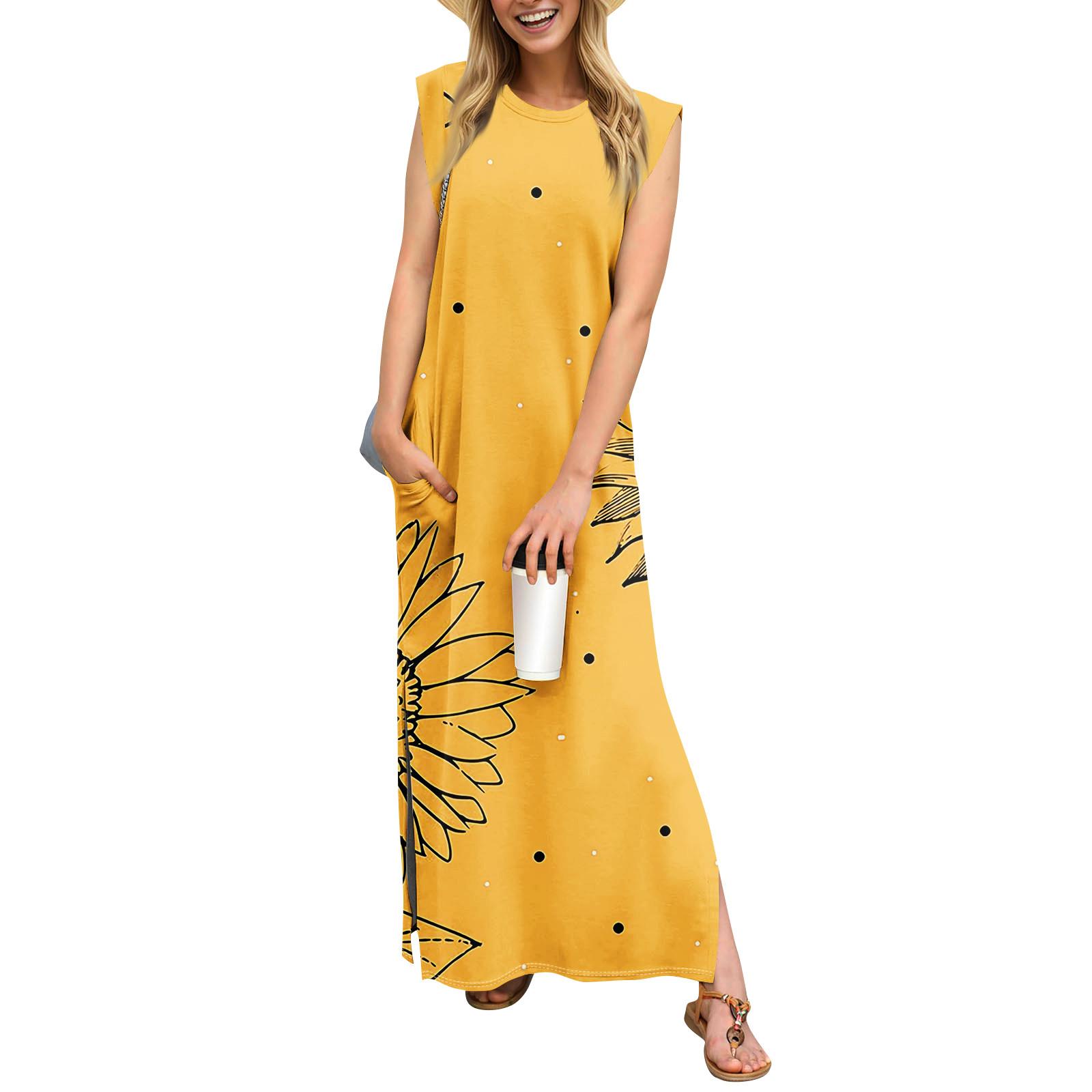 

Летние платья для женщин с круглым вырезом, повседневные свободные, с принтом, без складок, длинное пляжное платье макси с карманами XL жёлтый