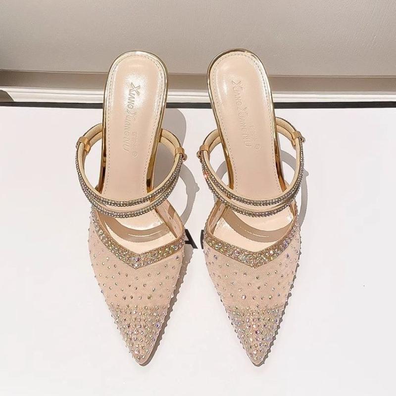 Ladies Shoes Thin Heels Pointed Toe Women's Half Sandals Sexy Rhinestones Wholesale Comfortable and Elegant on Offer Designer