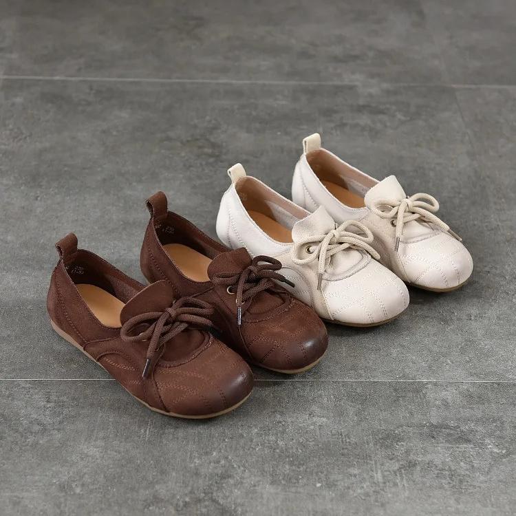 Johnature Genuine Leather Soft Soled Loafers Casual Comfortable Round Toe Lace Up Women's Flat Shoes