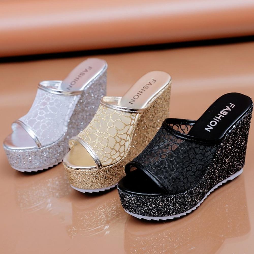 Fashion Bling Golden Women Slippers Summer Shoes Platform 4cm Outside Fitting-room 11cm High Heels Wedges Solid Mesh Female Sliver Shoes