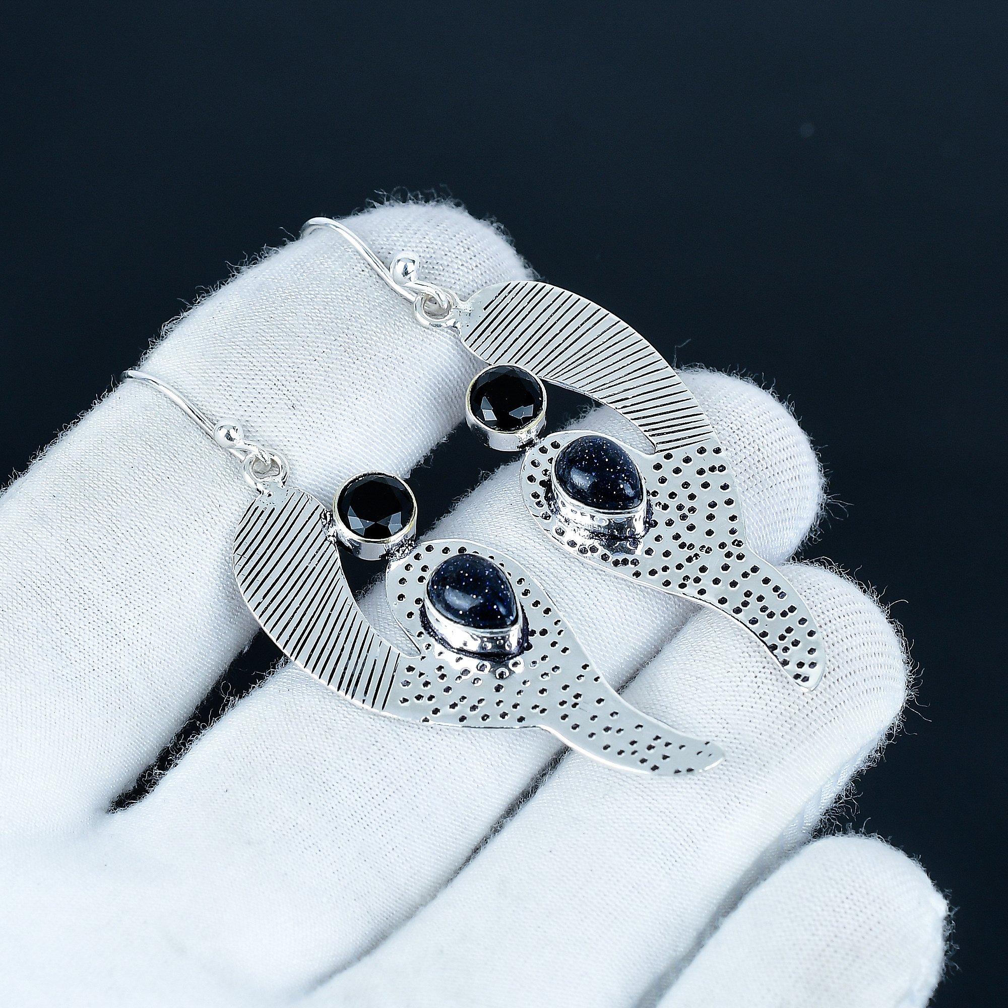 

Серьги с черной шпинелью и голубым солнечным камнем, серьги из стерлингового серебра 925 пробы, серьги-подвески ручной работы в стиле бохо, подарок для вечеринки 7 Cm чёрный