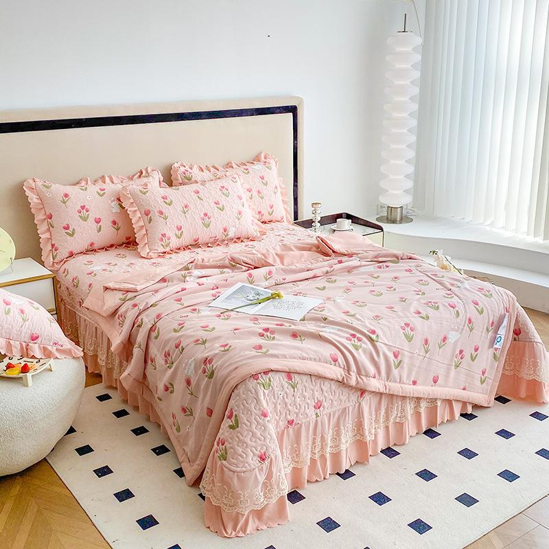 Washed Cotton And Linen Summer Cooler Comforter Bed Cover 4 Piece Set Moisture Absorbing Breathable Blanket Bed Sheet 4 Piece Set