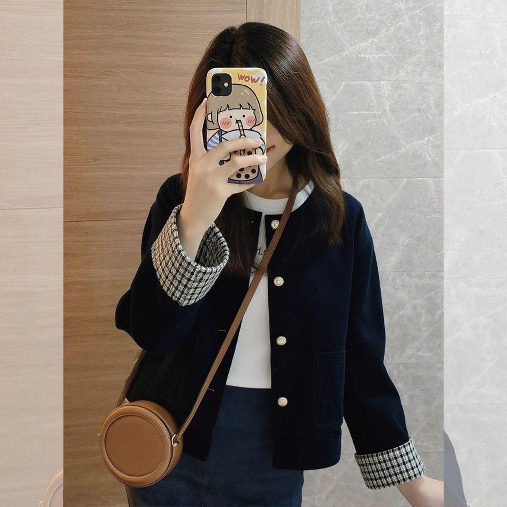 2026 Women's High-End Retro Plaid Corduroy Jacket for Spring/Autumn/Winter - Dark Blue