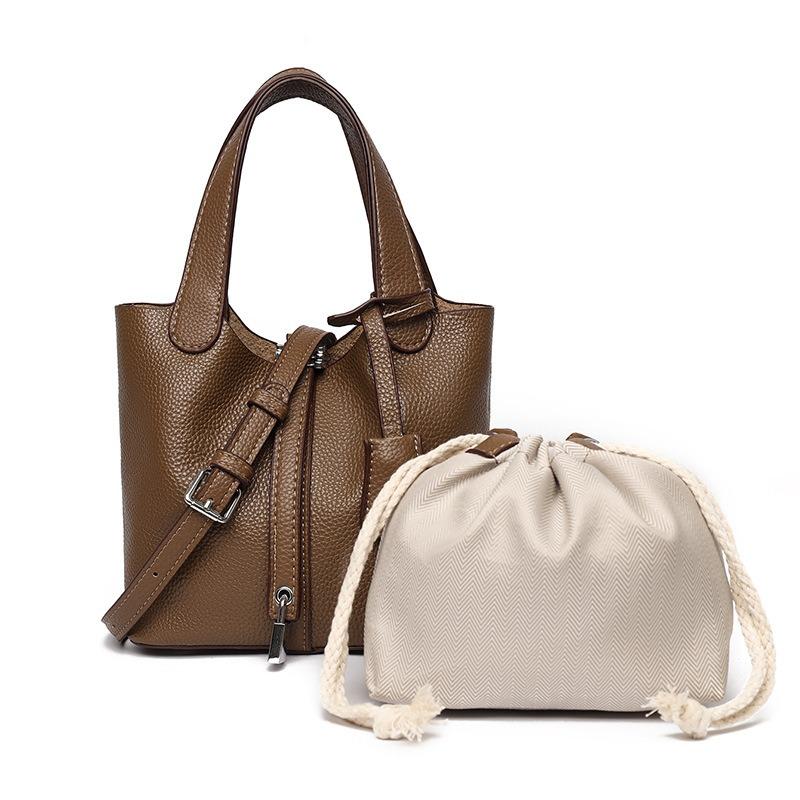 

Женская сумка из верхнего слоя коровьей кожи, высококачественная кожаная сумка-ведро, сумка-тоут, сумка для通勤 с личи-узором, на плечо, через плечо, сумка для мамы темно-коричневого