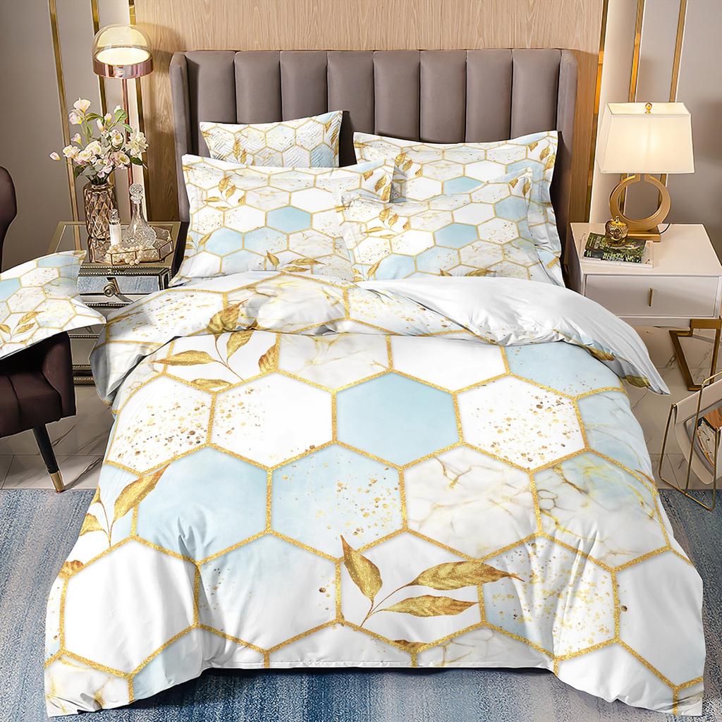 3D Digital Printing Light Luxury Geometric Honeycomb Stone Pattern Bedding Quilt Cover Three-Piece Set