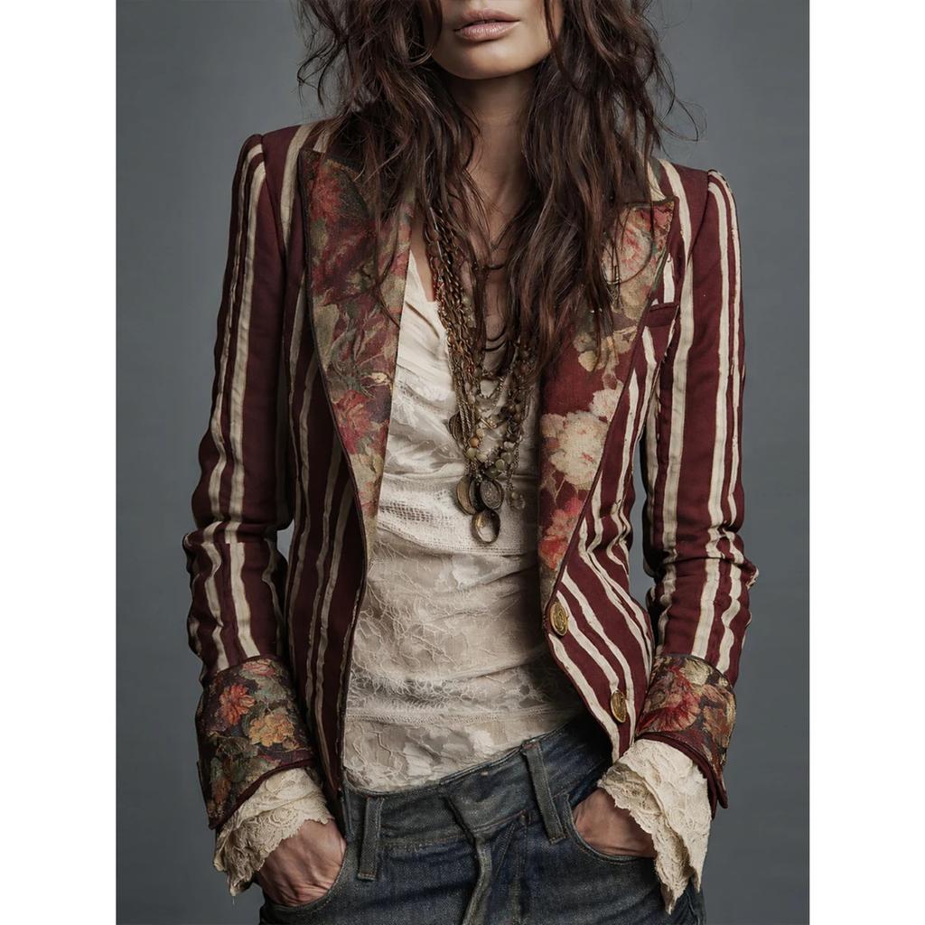 Women's Collared Long Sleeve Striped Blazer Slim Fit Floral Patchwork Casual Open Front Jacket