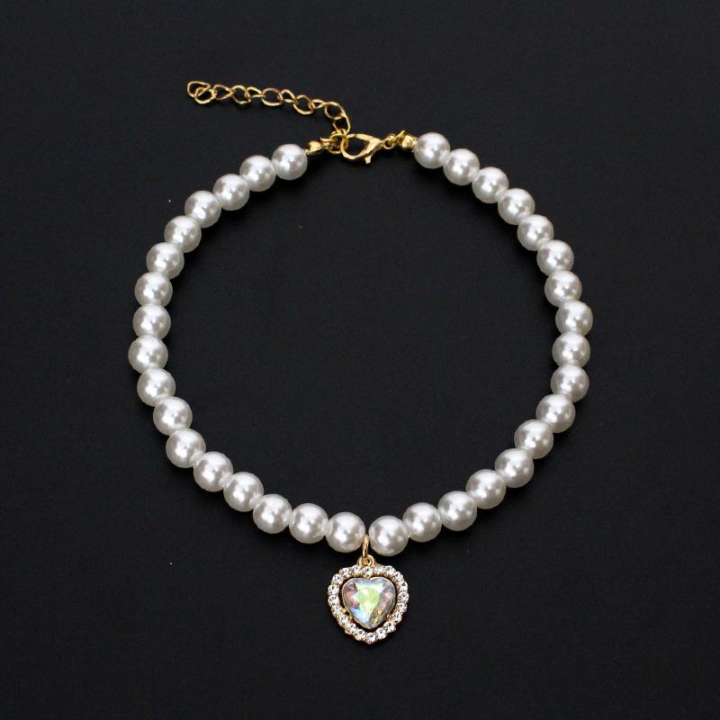 Fashion cat and dog pet pearl necklace accessory colorful love diamond pendant cat cat dog neck chain cute