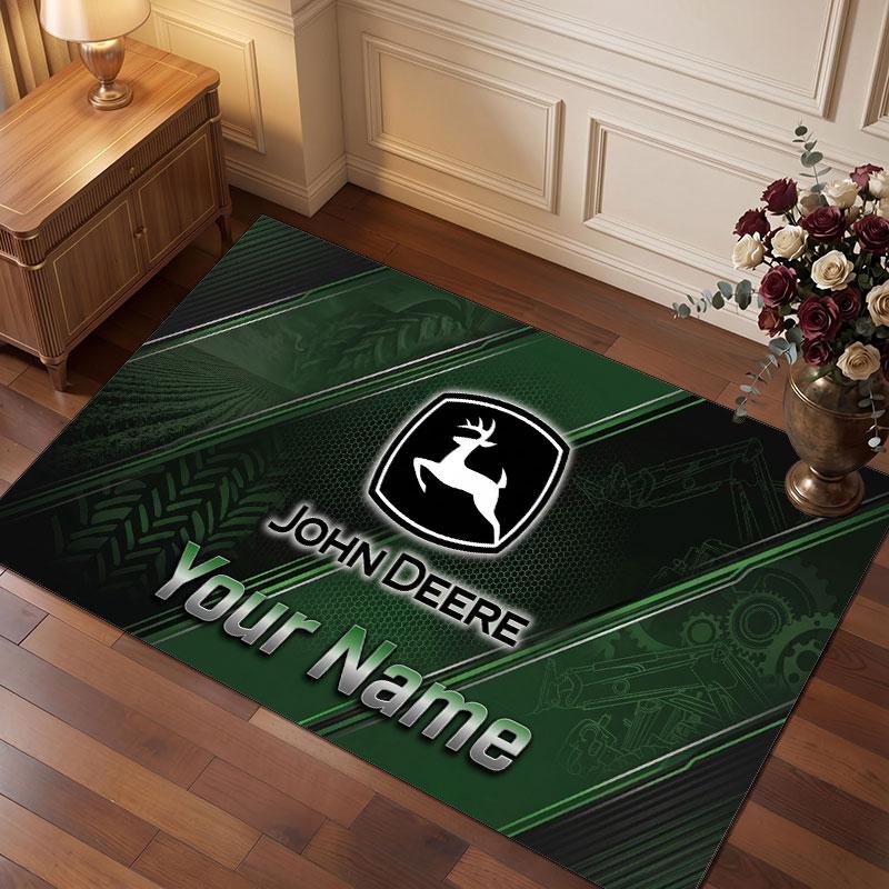 John Deere Personalisierter Kristall-Samt-Teppich, Benutzerdefinierter Namens-Text Weicher Anti-Rutsch-Teppich für Wohnzimmer Schlafzimmer