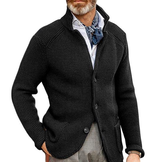 Stand Collar Long Sleeve Pockets Thickened Sweater Coat Men Autumn Winter Solid Color Buttons Placket Knitted Outerwear