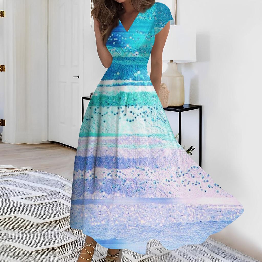 Dámské letní dlouhé šaty s flitry s výstřihem do V