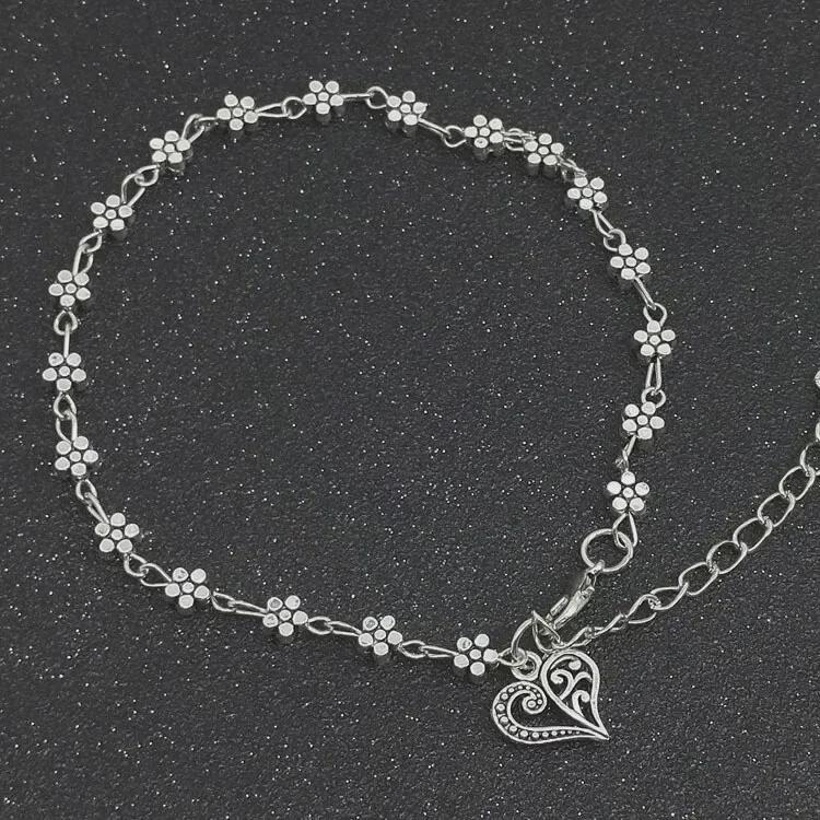 Silver Tibetan Plum Blossom Anklet with Heart-Shaped Charm