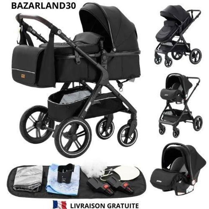 BAZARLAND30.Poussette 3 en 1 Bébé Combinée Siège-Auto Nacelle Trio Réversible Réglable Haute Qualité Roues increvables Canne.Noir