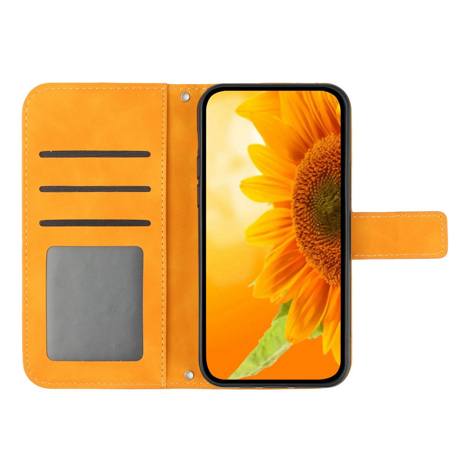 

Flip Phone Case for iPhone 14 Pro,HT04 Imprinted Sunflower Hands-free Stand PU Leather Skin-Touch Magnetic Wallet Cover with Strap Yellow