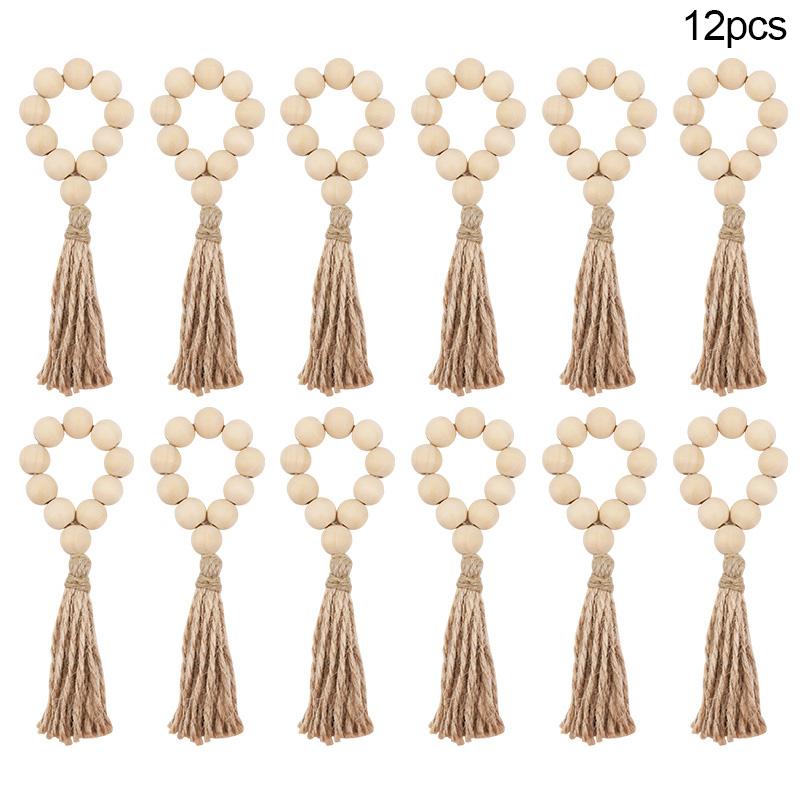 1/12Pcs Wooden Beads Napkin Rings with Tassels Rustic Wedding Table Napkin Holder Buckles Christmas Party Boho Home Decoration