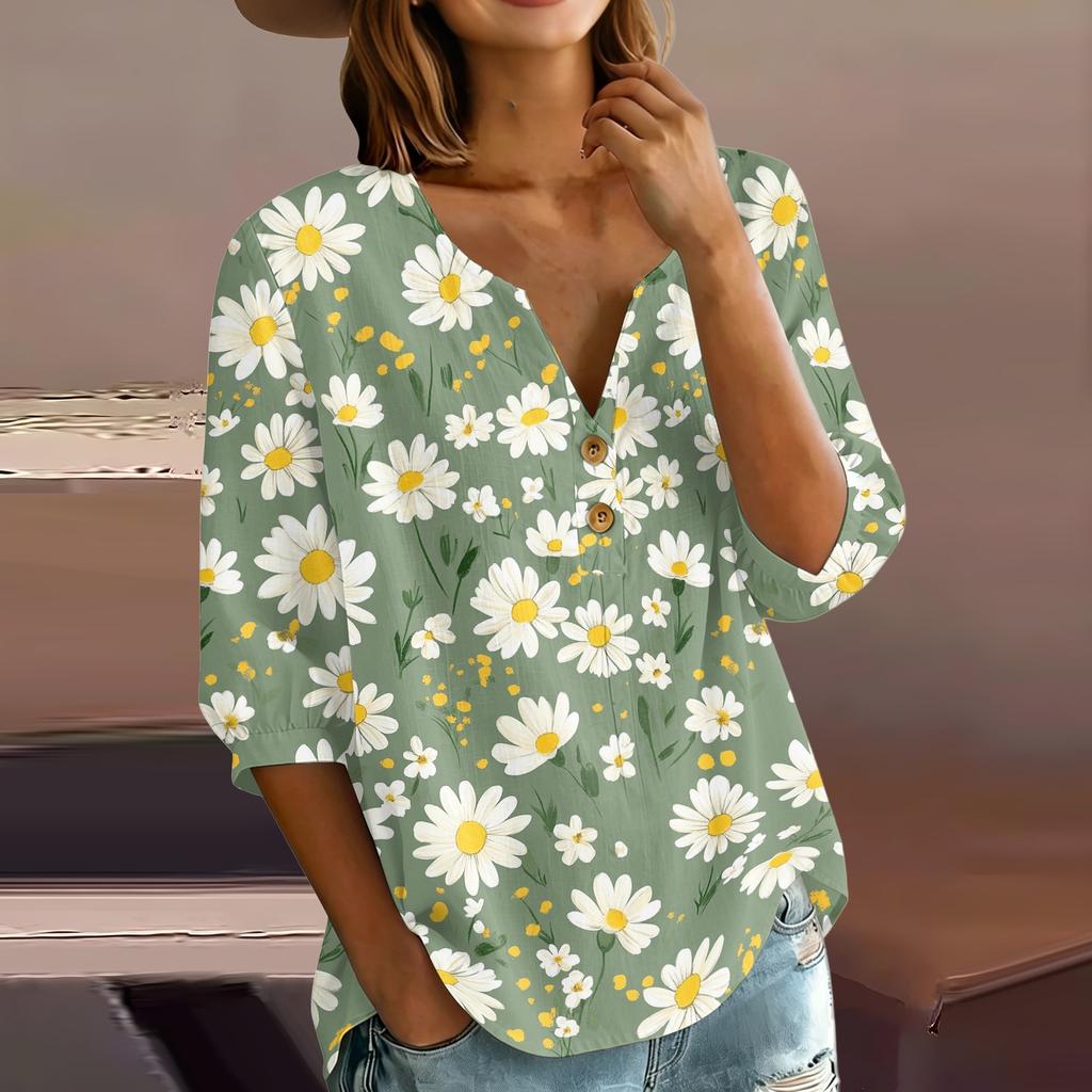 Women Henley Neck Button Front Floral Print Shirt Three Quarter Sleeve Cotton Linen Casual Loose Fit Blouse Top