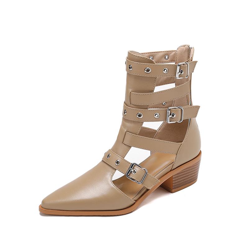 

Fashion Women s new pointed spring leather cowhide retro rivet belt buckle mid heel plus size and calf hollow breathable short boots 220 абрикосовый