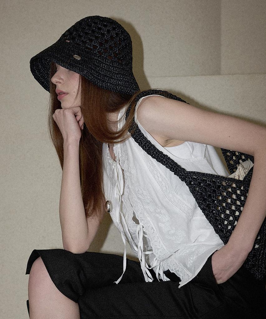 Seullouseulloulli Fruits Handmade Crochet Raffia Bucket Hat _ Black