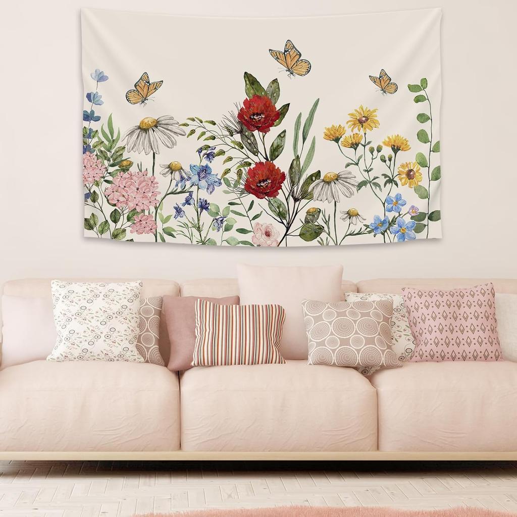 Vintage Floral Tapestry Spring Wildflower Wall Hanging Blanket Nature Botanical Decorative Tapestry For Home Bedroom Living Room