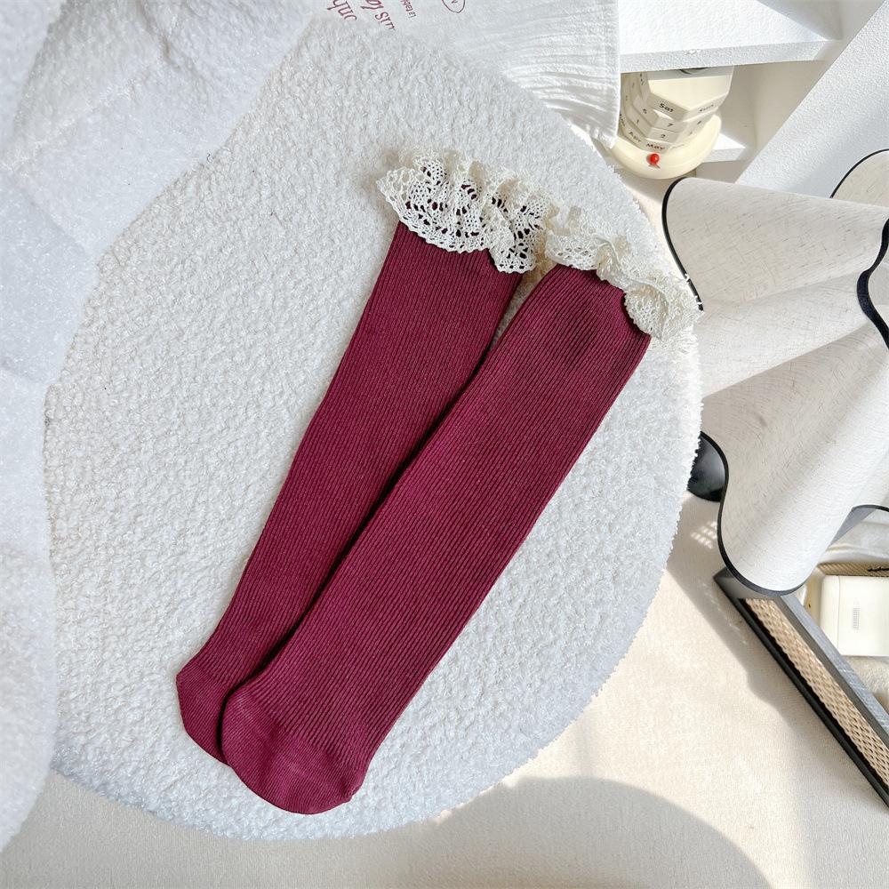 Ankara Red Lace Socks Children'S Trend Retro Double Needle Drawstring Mori Women'S Mid-Tube Stacking Socks