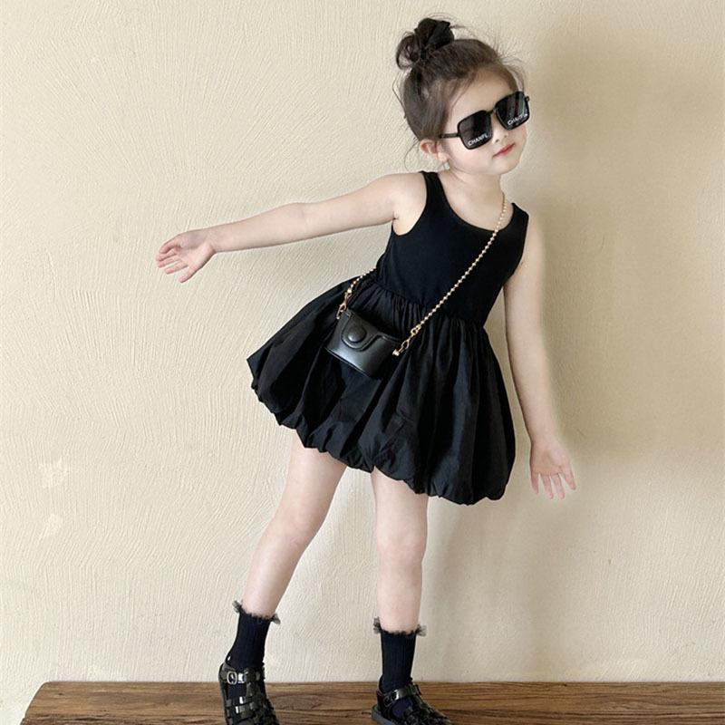 Korean Girls Sleeveless Backless Black Dress - Flower Bud Style Puffy Dress for Children