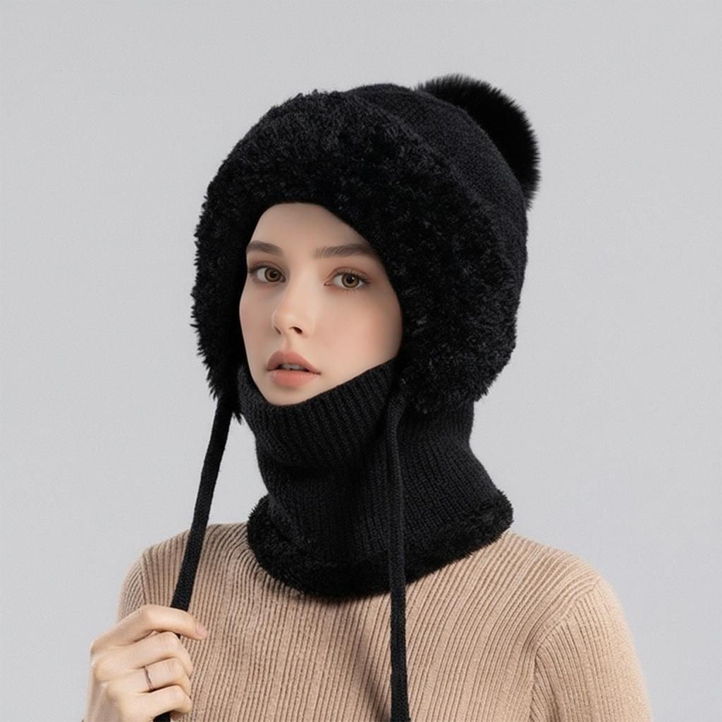 Women's Wool Ball Hat, Scarf, One-piece Knitted Hat With Plush Insulation, Woolen Hat, Thickened One-piece Hat