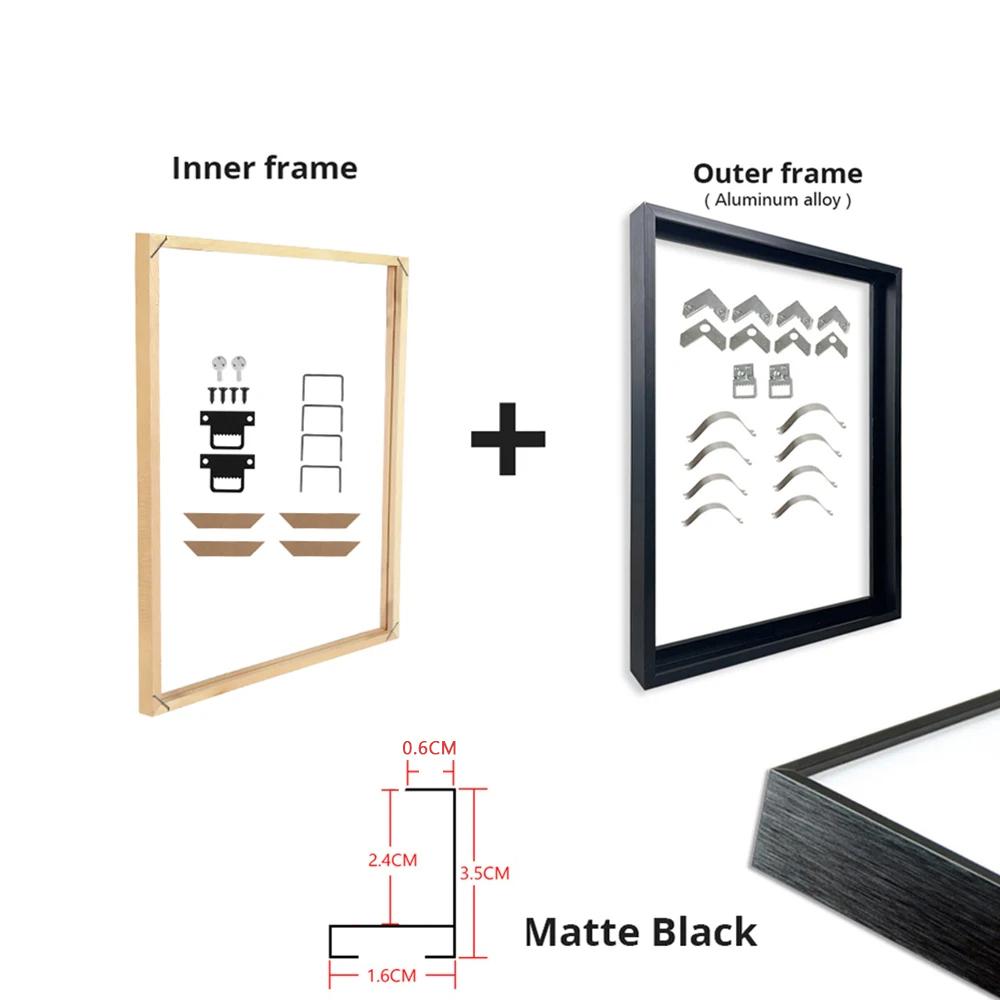Customized DIY Frame Kit Gold Black Metal Aluminum Outer Frame and Wooden Inner Frame for Canvas Painting Gallery Home Decor