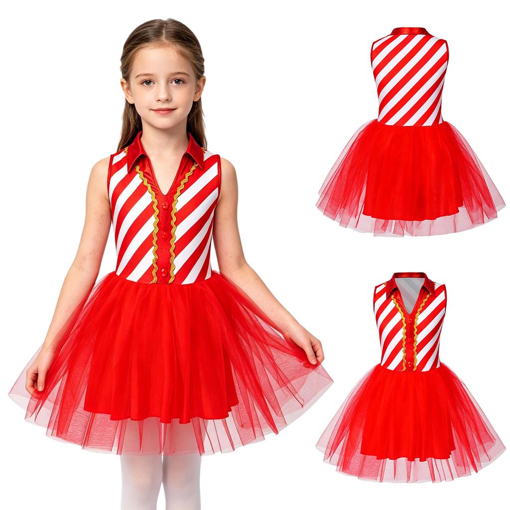 Kids Girls Christmas Costume Tulle Tutu Dress Candy Stripe Sleeveless Metallic Collar for Stage Performance Theme Party Holiday