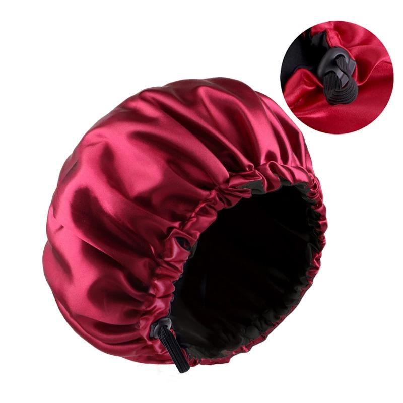 1pc Double Layer Adjustable Satin Bonnet Solid Color Elastic Button for Women Hair Hat Nightcap Silky Satin Fabric