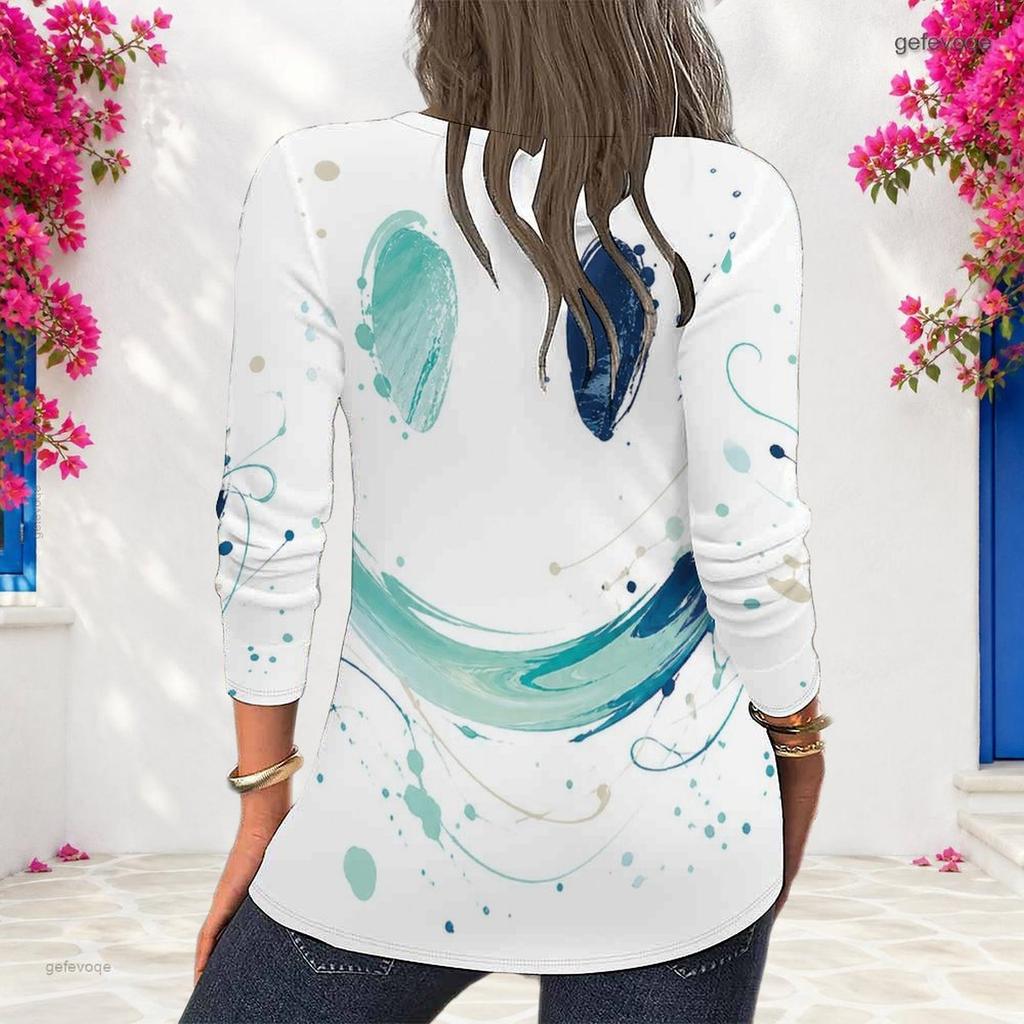 Women Plus Size White Abstract Printed Round Neck Long Sleeve Pullover Sweatshirt