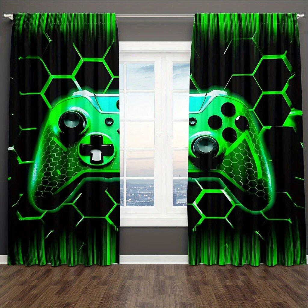 Game Controller - 3D Game Controller Design   Black and Fluorescent Green Hexagonal Printed Curtains   Home Decoration