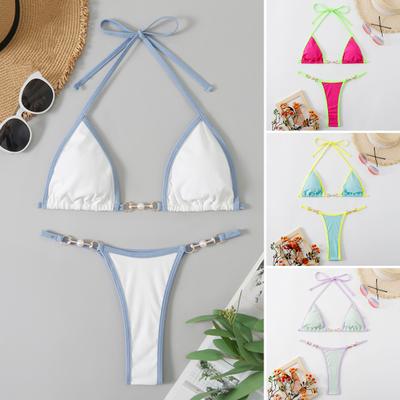 2 Pcs/Set Women Bikini Set Contrast Color Halter Neck Three-point Imitation
