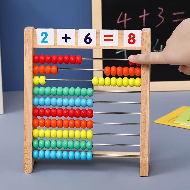 Classic Wooden Educational Math 10-Row Counting Toy 100 Beads with Counting Sticks Number Alphabet Card Preschool Math Learning
