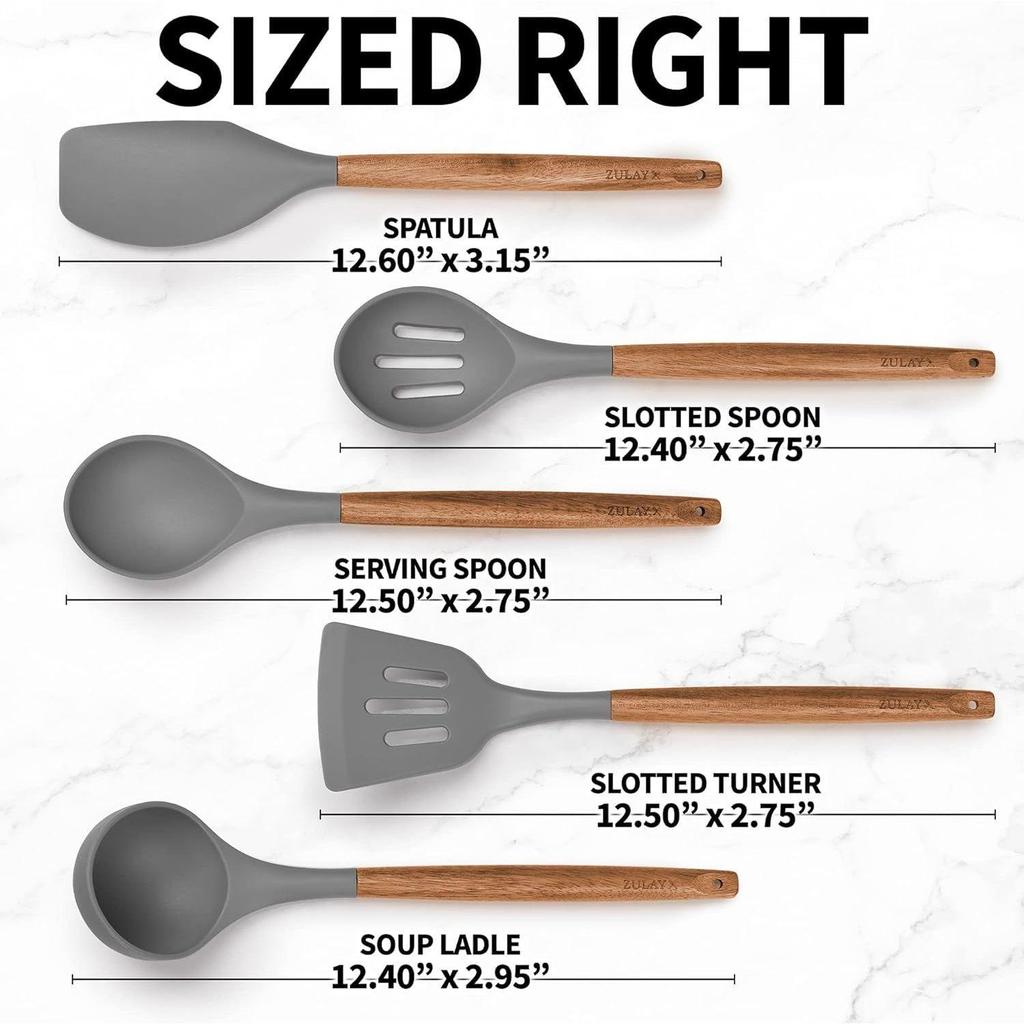 Silicone Kitchen Cooking Utensils Set, 5 Pcs Non-Stick Heat Resistant Wooden Handle (Grey, 5)