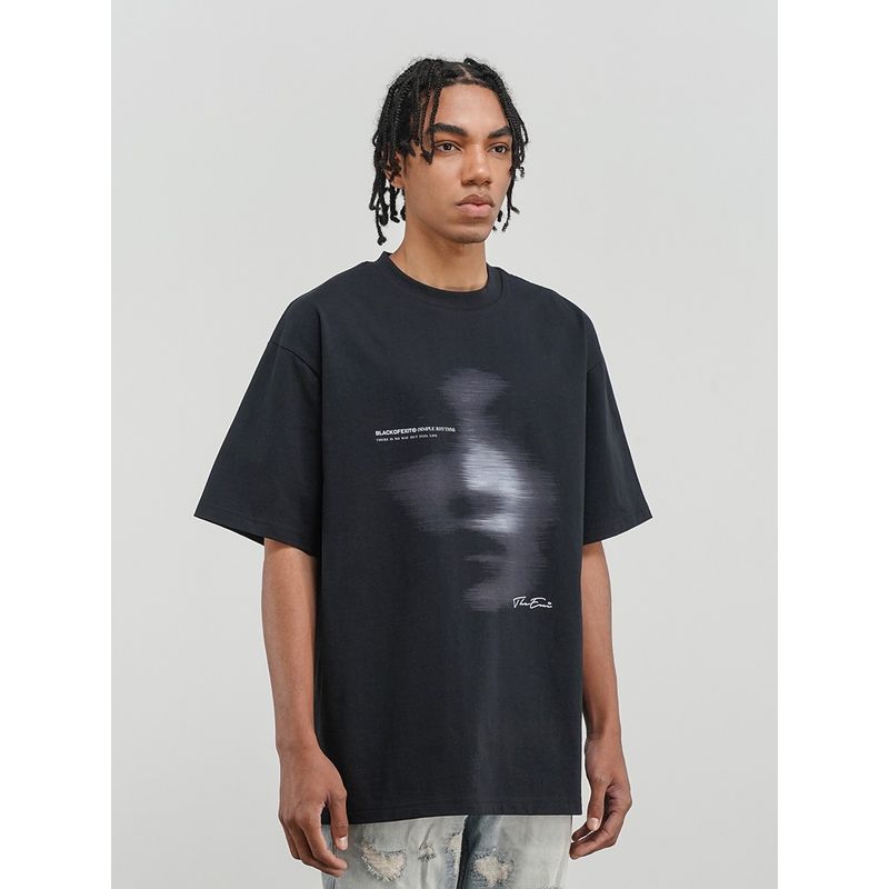 Black of Exit Dark Abstract Phantom Print Crew Neck Pure Cotton T-Shirt Short Sleeve National Trend Brand Half-Sleeve Tee for Men