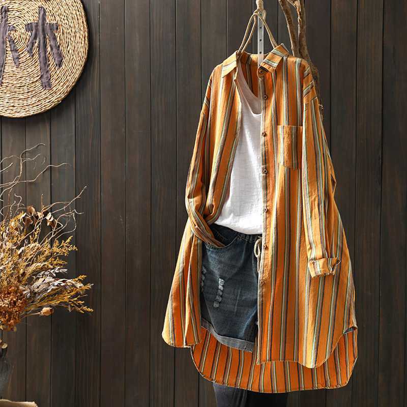 Women Vertical Striped Long Sleeve Shirt Vintage Linen Cotton Loose Midi Shirt Dress Casual Spring Oversized Blouse