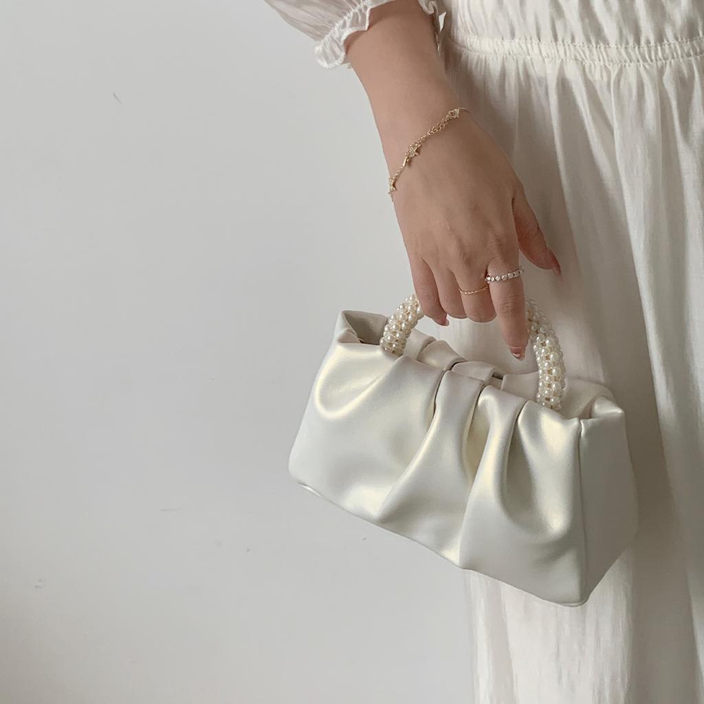 PU Leather Cute Handbag with Pear Handle Pleated Crossbody Bag Solid Color Sweet Shoulder Bag Travel Shopping Shoulder Bag