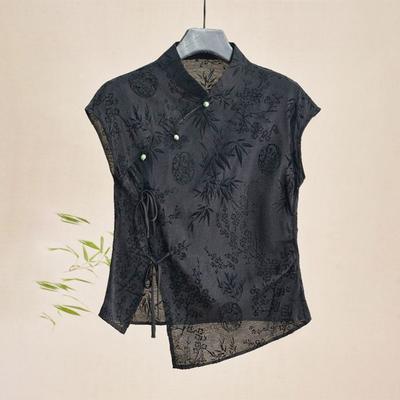 New Chinese Style Modified Cheongsam Top for Women In Summer Temperament Retro Placket Black Jacquard Short-sleeved Shirt
