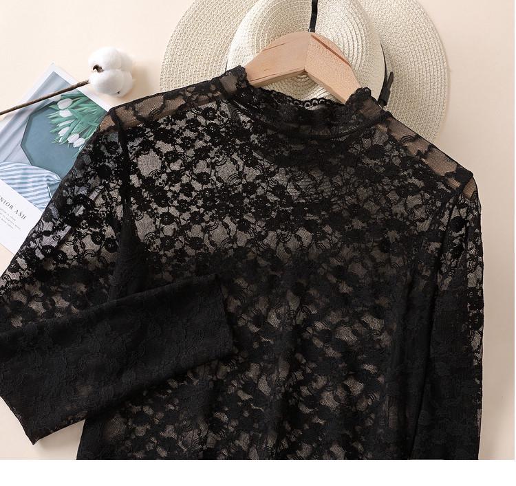 

2024 Тонкий корейский кружевной сетчатый пуловер - полувысокий воротник, телесный цвет One Size