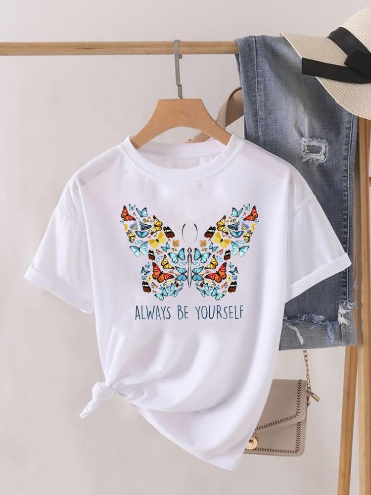 Kwiatek Słodki Trend lat 90. Uroczy Krótki Rękaw Nadruk Moda Graficzny T-shirt Kobiety Top Pani Damska Koszulka Tee Okrągły Dekolt Odzież Ubrania