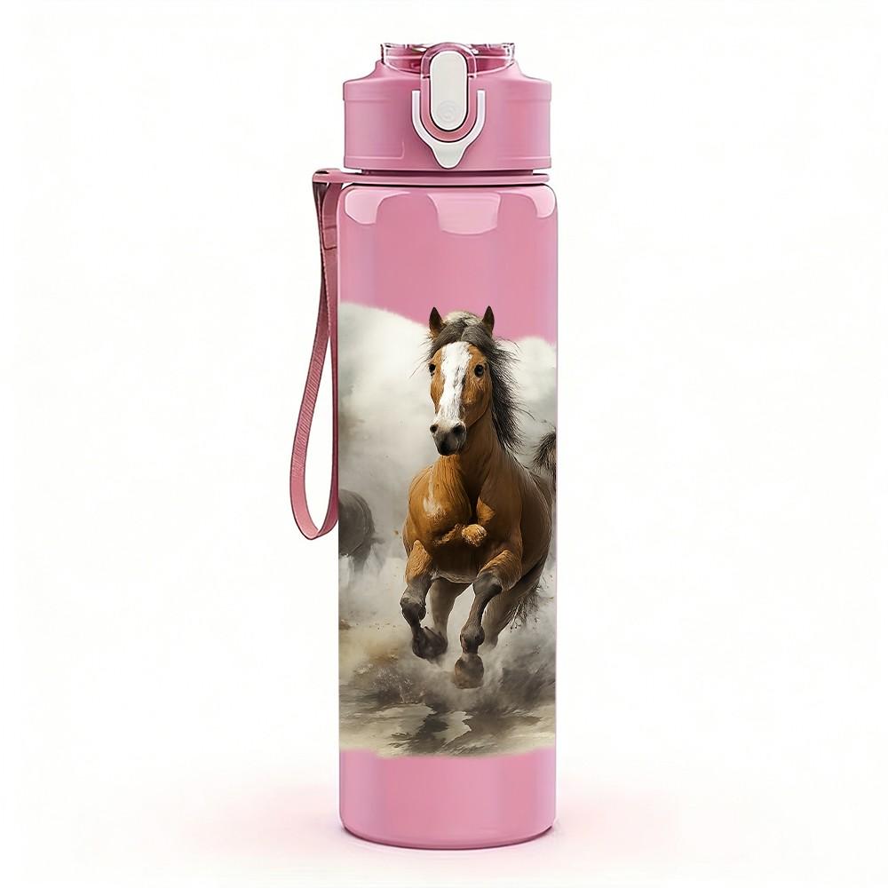 1PC Horse Misty Forest Landscape 750ml Color Plastic Sports Water Bottle Leakproof Flip Straw Lid Suitable for Sports Office Home Use