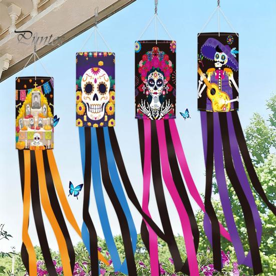 Layered Festive Scene Setup Day of The Dead Windsocks, Dia De Los Muertos Hanging Flag, Floral Windsock Skull Wind Socks with Flowing Tails for Front