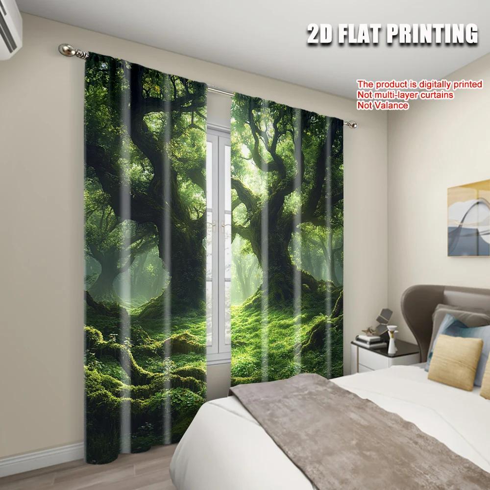 2pcs, Curtains Digital Printed  print Majestic Enchanted Forest Fabric (without rod) Decorations Clearance Use for Bedroom