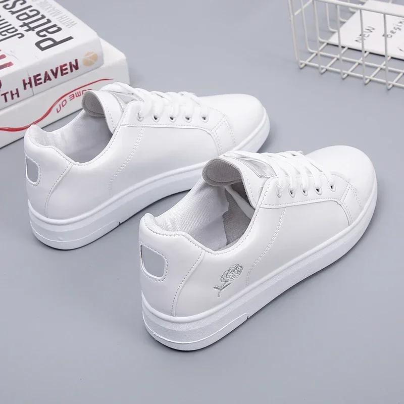 Women Leather  Casual Shoes New 2024 Woman Shoes Fashion Embroidered White Sneakers Breathable Flower Lace-Up Women Sneakers