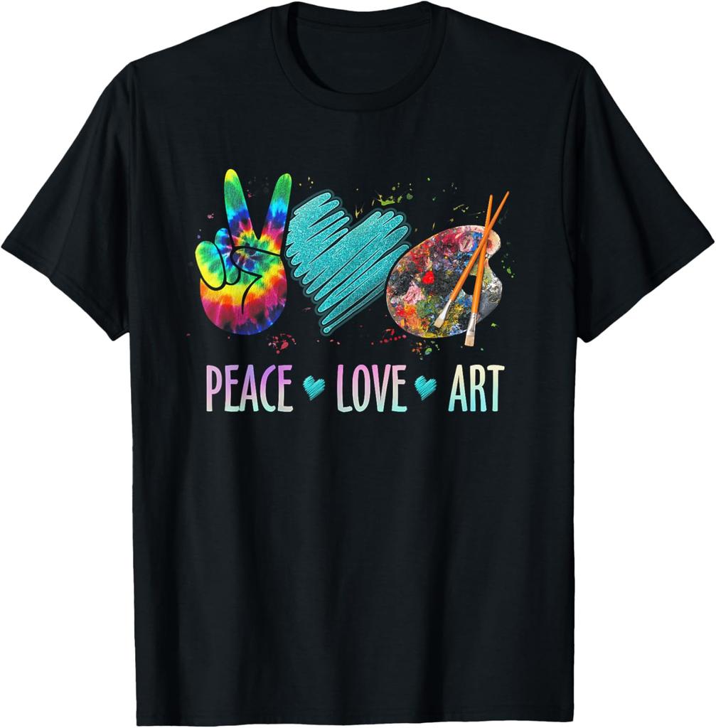 Peace Love Art Painting Palette Art Teacher T-Shirt Custom Printed S Customizable Kawayi Funny