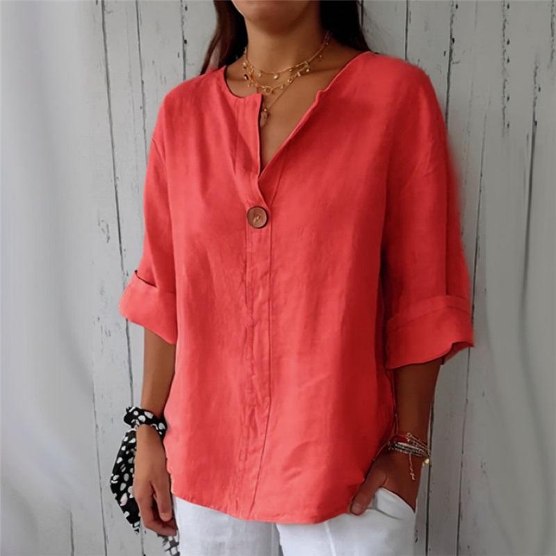 European And American Style Summer New Loose Casual T Shirt Women's V Neck Cotton And Linen Button Top