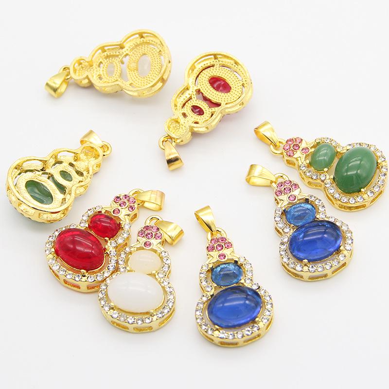 Gold-Inlaid Jade Gourd Pendant Necklace with Imitation Green Chalcedony and Diamond Enamel for Women