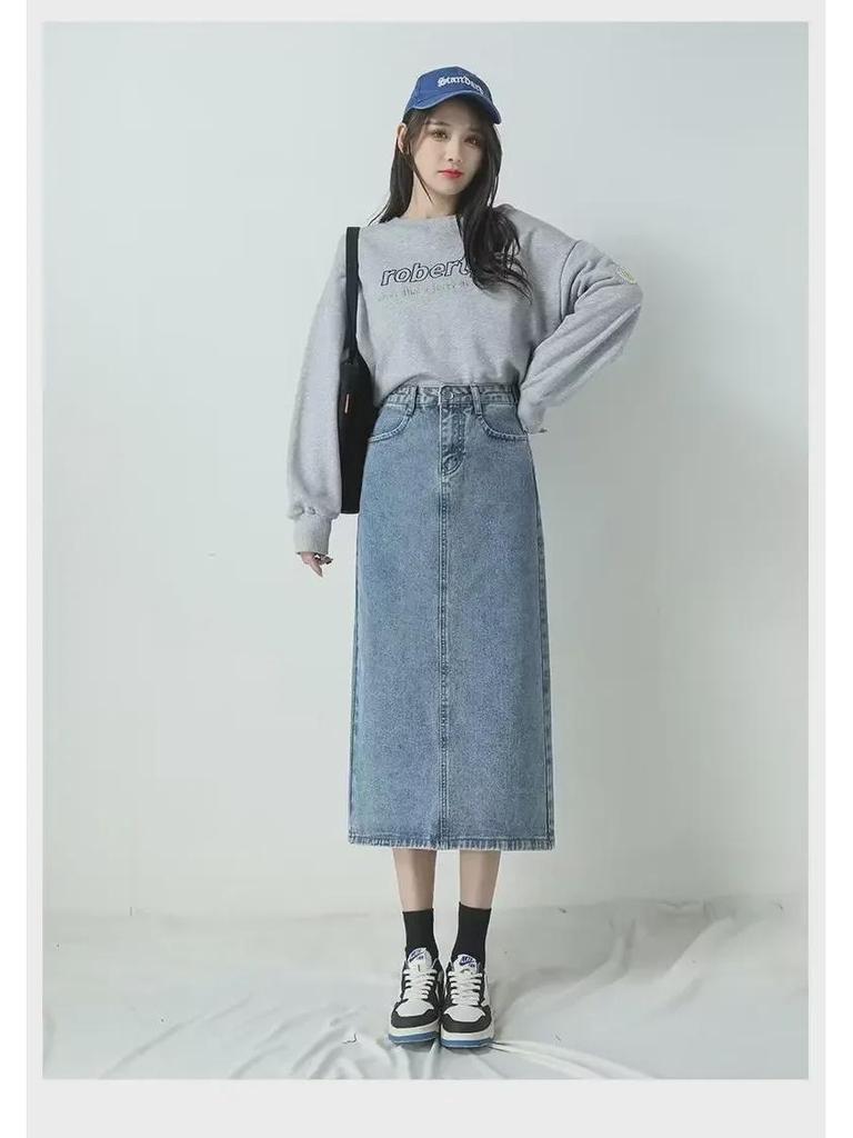 2023 New Women's High Waist A-Line Denim Skirt - Mid-Length, Retro Korean Winter Style
